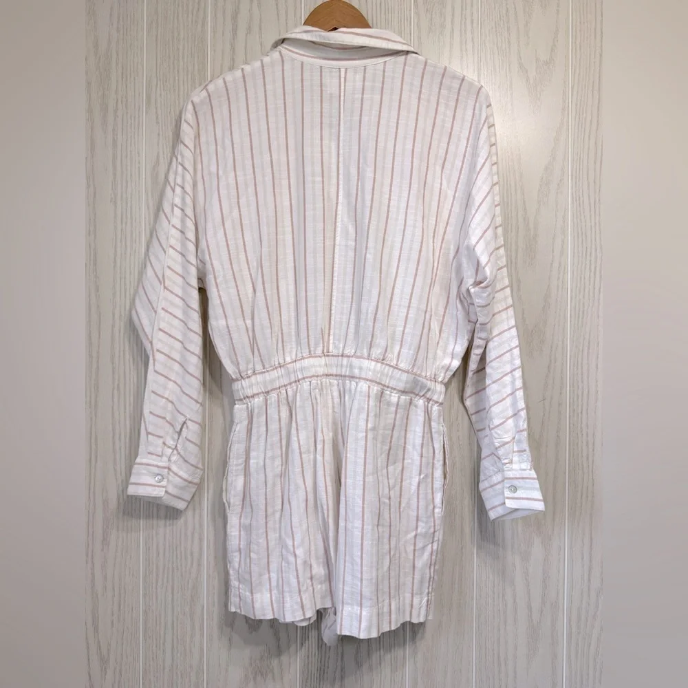 EVERY Button Long Sleeve White & Beige Stripe Romper Collar Waist Tie Size S